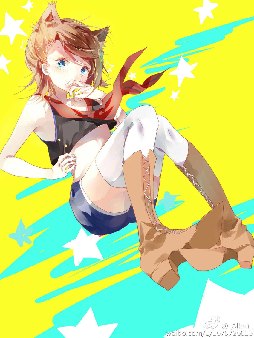 alkali animal_ears bare_arms blue_eyes blue_shorts boots breasts brown_footwear closed_mouth commentary covering_own_mouth crop_top earrings female from_below full_body hand_on_own_hip highres jewelry jpeg_artifacts laffey_(mod)_(warship_girls_r) laffey_(warship_girls_r) legs_up looking_at_viewer messy_hair midriff multicolored_background neckerchief pigeon-toed red_hair sailor short_hair shorts sleeveless small_breasts solo star_(symbol) starry_background swept_bangs symbol-only_commentary thighhighs warship_girls_r watermark web_address weibo_watermark white_thighhighs