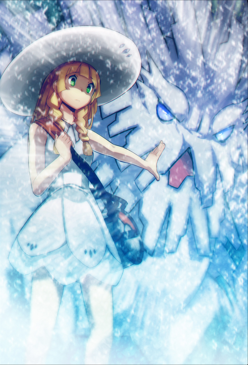 abomasnow bad_id bad_pixiv_id bag blonde_hair blue_eyes blunt_bangs dress fardin female green_eyes highres lillie_(pokemon) long_hair mega_abomasnow mega_pokemon open_mouth outdoors outstretched_hand pantyhose photoshop_(medium) pokemon pokemon_(creature) pokemon_sm shoulder_bag standing white_dress white_hair white_legwear