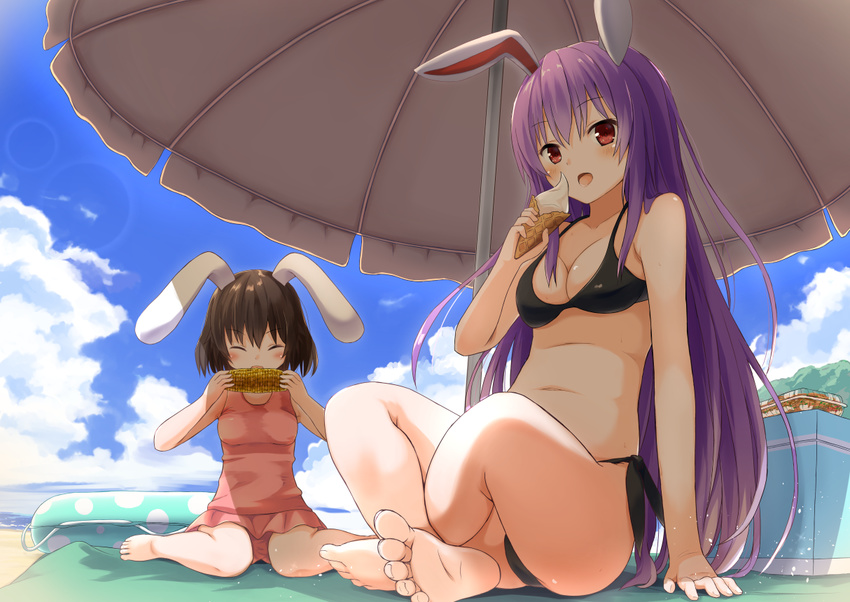 2girls animal_ears bare_arms bare_legs barefoot beach_towel beach_umbrella bikini black_bikini black_hair blue_sky bluekalmia breasts cleavage closed_eyes cloud cloudy_sky commentary_request cooler corn crossed_legs day eating feet food ice_cream inaba_tewi innertube long_hair medium_breasts multiple_girls one-piece_swimsuit outdoors pink_one-piece_swimsuit purple_hair rabbit_ears red_eyes reisen_udongein_inaba sitting sky smile soles summer swim_ring swimsuit touhou towel umbrella very_long_hair