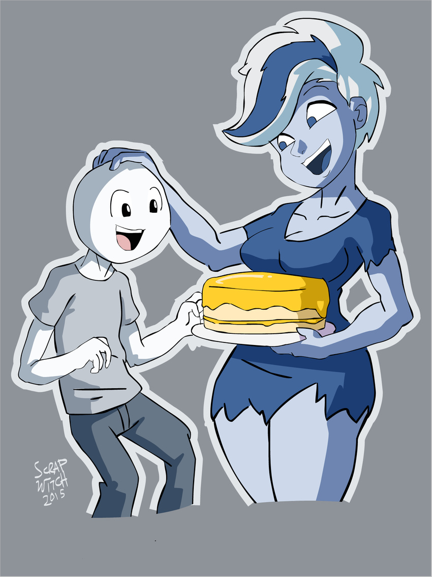 2015 bald black_eyes blue_body blue_hair blue_skin breasts cake clothing dessert dress duo food ghost ghoul_school grey_background hair hanna-barbera hi_res humanoid modstin monster_girl_(genre) not_furry phantasma_(ghoul_school) scooby-doo_(series) scrapcorcist simple_background spirit toony white_body white_hair white_skin wide_hips