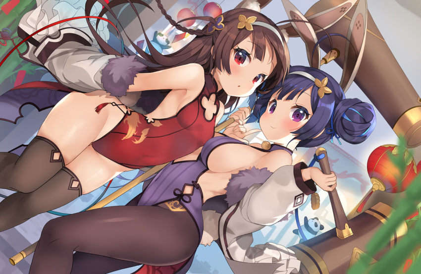 2girls ahoge animal_ears armpits azur_lane backless_leotard backless_outfit bamboo bare_shoulders bell black_thighhighs blurry blush breasts brown_hair brown_pantyhose cleavage_cutout closed_mouth clothing_cutout commentary_request covered_navel depth_of_field double_bun dutch_angle fake_animal_ears fur-trimmed_jacket fur_trim grey_jacket groin hair_bun hairband holding jacket jingle_bell kurot lantern leotard long_hair looking_at_viewer mallet medium_breasts multiple_girls ning_hai_(azur_lane) ning_hai_(moon_palace_rabbit)_(azur_lane) off_shoulder official_alternate_costume open_clothes open_jacket panda pantyhose paper_lantern parted_lips ping_hai_(azur_lane) ping_hai_(osmanthus_moon_rabbit)_(azur_lane) plant purple_eyes purple_hair purple_leotard rabbit_ears red_eyes red_leotard sideboob single_hair_bun small_breasts smile standing striped thighhighs thighs white_hairband