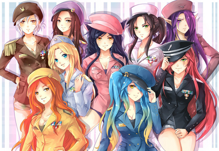 6+girls ahri_(league_of_legends) akali akali_(legacy) badge beamed_eighth_notes blue_eyes blue_hair breasts caitlyn_(league_of_legends) cleavage epaulettes folded_ponytail girls'_generation hair_over_one_eye hat hat_tip katarina_(league_of_legends) league_of_legends leona_(league_of_legends) licking_lips long_hair lux_(league_of_legends) medal medium_breasts military military_uniform morgana_(league_of_legends) multiple_girls musical_note orange_hair parody pointy_ears ponytail purple_hair red_hair riven_(league_of_legends) scar short_hair short_shorts shorts sona_(league_of_legends) thighs tongue tongue_out twintails uniform white_hair