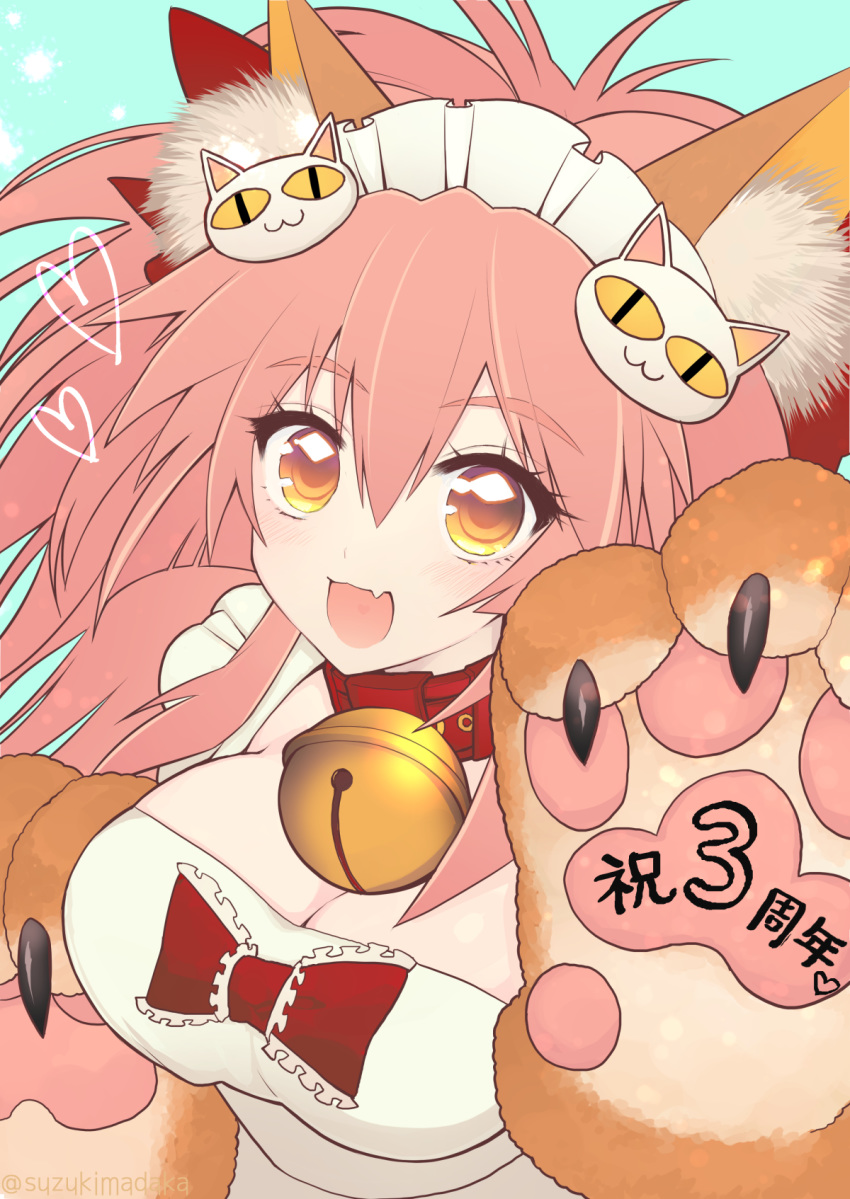 animal_ear_fluff animal_ears animal_hands apron bell blue_background blush breasts cat_hair_ornament cat_paws cleavage collar commentary_request fangs fate/grand_order fate_(series) female fox_ears fox_girl gloves hair_ornament hair_ribbon heart highres jingle_bell large_breasts long_hair looking_at_viewer maid_headdress naked_apron neck_bell open_mouth paw_gloves pink_hair ponytail red_ribbon ribbon simple_background solo suzukimadaka tamamo_(fate) tamamo_cat_(fate) tamamo_cat_(third_ascension)_(fate) yellow_eyes