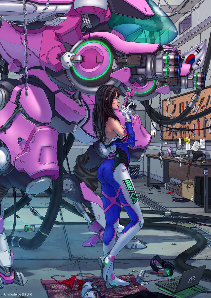 antoine_retaureau ass beretta_92 bodysuit brown_hair commentary computer d.va_(overwatch) english_commentary female flag garage gun handgun headphones highres holding holding_gun holding_weapon laptop long_hair mecha meka_(overwatch) overwatch overwatch_1 photoshop_(medium) pilot_suit reverse-jointed_legs robot solo south_korean_flag tools weapon wire