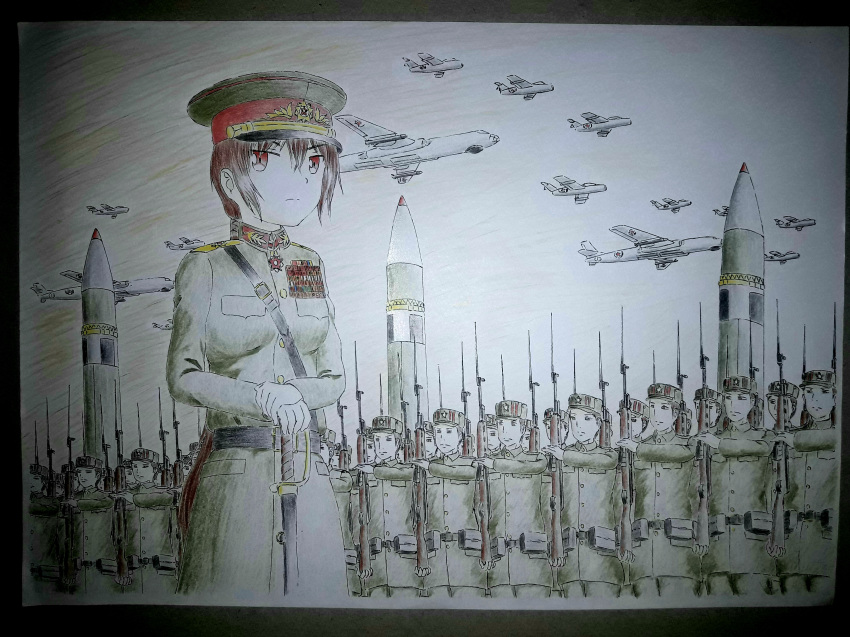 aircraft airplane bayonet bomber brown_hair dictatorship female hat insignia medal military military_uniform military_vehicle missile peaked_cap ponytail red_eyes saber_(weapon) standing sword thai thailand uniform war weapon