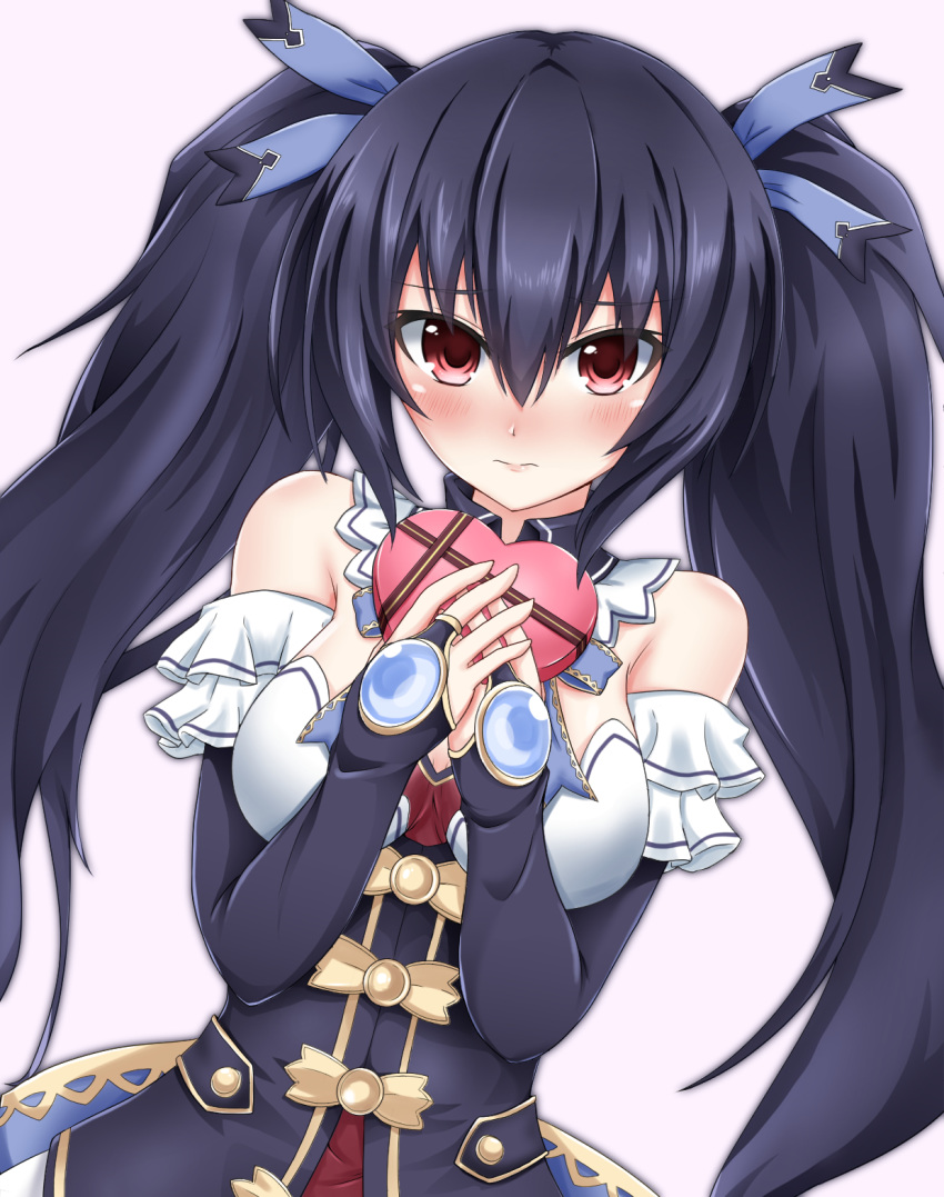 bare_shoulders black_hair blush box breasts bridal_gauntlets cleavage closed_mouth commentary detached_collar detached_sleeves dress elbow_gloves embarrassed female frills full-face_blush gloves hair_between_eyes hair_ornament hair_ribbon heart heart-shaped_box highres long_hair looking_at_viewer medium_breasts neptune_(series) noire_(neptunia) red_eyes ribbon seshiro_(which501) solo twintails valentine very_long_hair