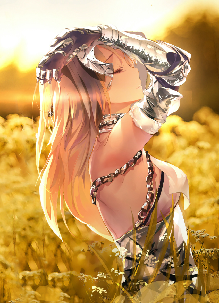 armor arms_up blonde_hair blurry blurry_background breasts chains closed_eyes commentary_request eien_no_juu_nana-sai fate/grand_order fate_(series) female field flower flower_field from_side gauntlets hands_on_own_head headpiece highres jeanne_d'arc_(fate) jeanne_d'arc_(third_ascension)_(fate) long_hair medium_breasts outdoors profile reflection solo standing sunlight upper_body