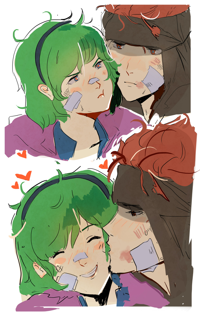 1boy absurdres bandages blood cape commentary couple english_commentary female fire_emblem fire_emblem:_the_blazing_blade green_hair hairband highres jaffar_(fire_emblem) kissing kissing_cheek nino_(fire_emblem) open_mouth ormille photoshop_(medium) red_eyes red_hair short_hair smile straight tattoo