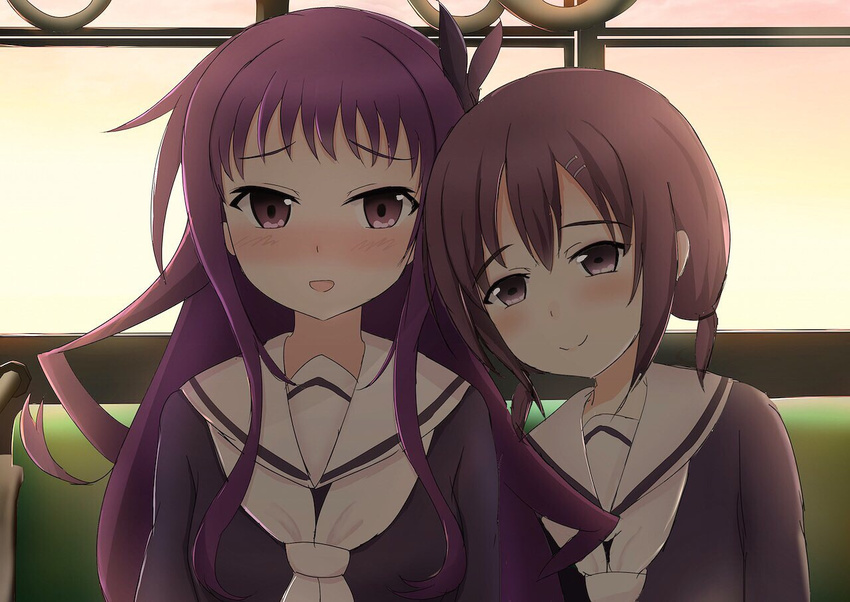 2girls bad_id bad_pixiv_id blush brown_eyes brown_hair fukashimochi hanayamata leaning_on_person long_hair multiple_girls open_mouth purple_hair sasame_yaya school_uniform sekiya_naru smile yuri