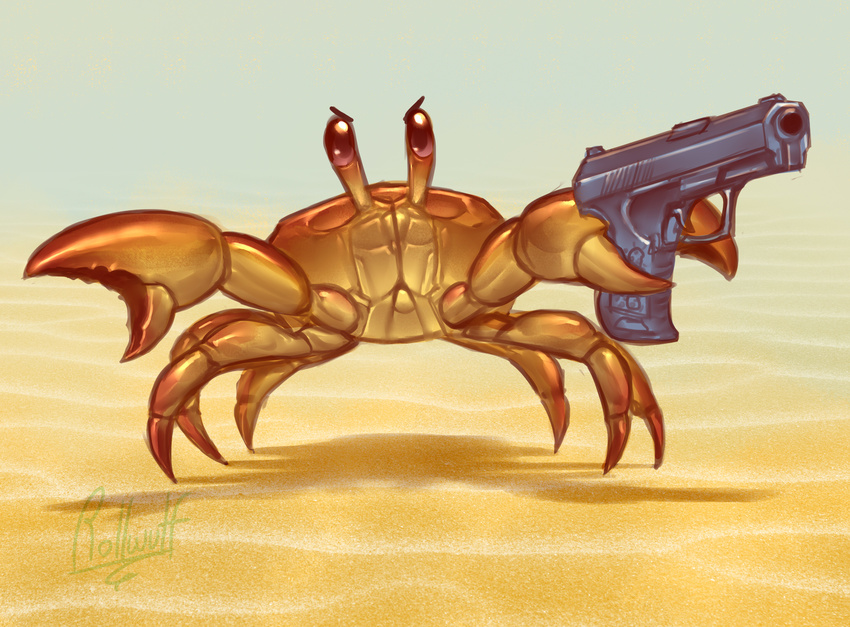 ambiguous_gender angry arthropod crab crustacean death_stare decapoda english_text feral front_view gun handgun hi_res holding_gun holding_handgun holding_object holding_pistol holding_ranged_weapon holding_weapon lol_comments looking_at_viewer malacostracan marine pincers pistol ranged_weapon rollwulf sand signature solo text walther_p99 weapon