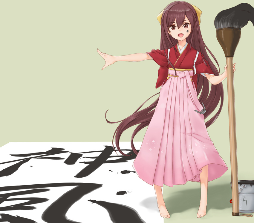 :d alternate_eye_color alternate_hair_color anchor barefoot bow brown_eyes brown_hair bucket calligraphy calligraphy_brush character_name commentary_request female hair_between_eyes hair_ribbon hairbow hakama hakama_skirt highres ink_on_face japanese_clothes kamikaze_(kancolle) kantai_collection kimono long_hair looking_at_viewer open_mouth outstretched_arm oversized_object paintbrush paper pink_hakama rasukaru ribbon skirt smile solo standing tasuki very_long_hair yellow_ribbon