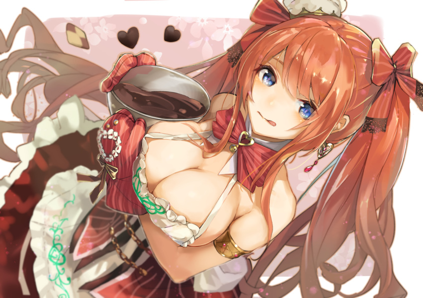 alice_(sennen_sensou_aigis) armband bare_shoulders blue_eyes blush bow bowl breasts candy chains chocolate chocolate_making cleavage closed_mouth collarbone commentary_request cookie cruel_gz dress female food frills hair_between_eyes hat heart heart-shaped_chocolate holding large_breasts long_hair looking_at_viewer mini_hat orange_hair oven_mitts red_bow red_ribbon ribbon sennen_sensou_aigis solo standing tongue tongue_out twintails very_long_hair yellow_ribbon