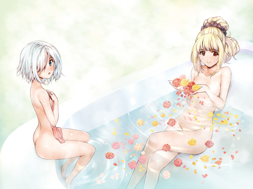 2girls ass bath bathtub blonde_hair convenient_leg darwin's_game flower green_eyes hair_over_one_eye long_hair multiple_girls navel nude official_art orange_eyes petals ripples same-sex_bathing shared_bathing short_hair shuka_(darwin's_game) sui_(darwin's_game) takahata_yuki