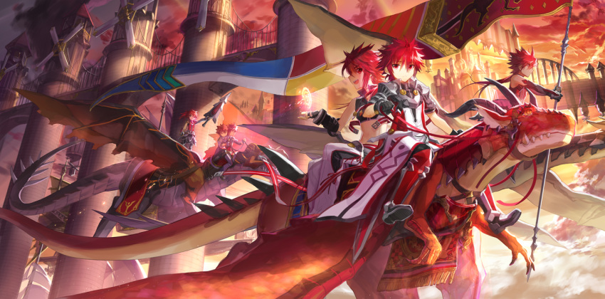 6+boys bridge cloud commentary_request dragon dragon_riding elsword elsword_(character) infinity_sword_(elsword) long_hair lord_knight_(elsword) magic_knight_(elsword) multiple_boys multiple_riders outdoors photoshop_(medium) red_eyes red_hair red_sky riding rune_slayer_(elsword) runes scorpion5050 sheath_knight_(elsword) sidesaddle sky standard_bearer sword_knight_(elsword) windmill