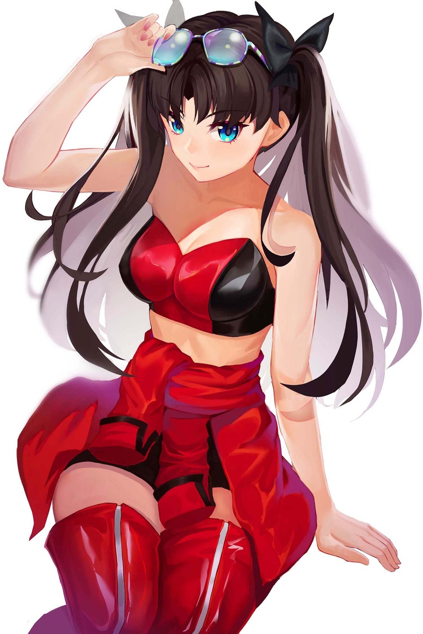 adjusting_eyewear arm_support bare_shoulders black_bow blue_eyes boots bow breasts brown_hair chinese_commentary cleavage clothes_around_waist commentary fate/grand_order fate/stay_night fate_(series) female from_above gaoyang_ou_nisang glasses hairbow highres jacket jacket_around_waist long_hair photoshop_(medium) simple_background smile solo sunglasses thigh_boots thighhighs tohsaka_rin tohsaka_rin_(type-moon_racing) two_side_up white_background