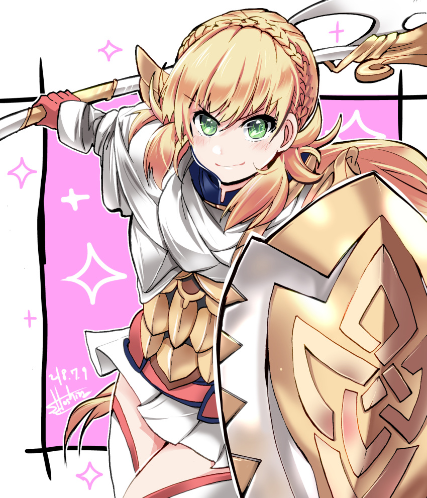 armor blonde_hair braid commentary_request crown_braid female fensalir fire_emblem fire_emblem_heroes gloves green_eyes halberd highres holding holding_polearm holding_shield holding_weapon hoshino_(pixiv12796893) long_hair long_sleeves photoshop_(medium) polearm scale_armor sharena_(fire_emblem) shield signature skirt solo thighhighs weapon white_skirt zettai_ryouiki