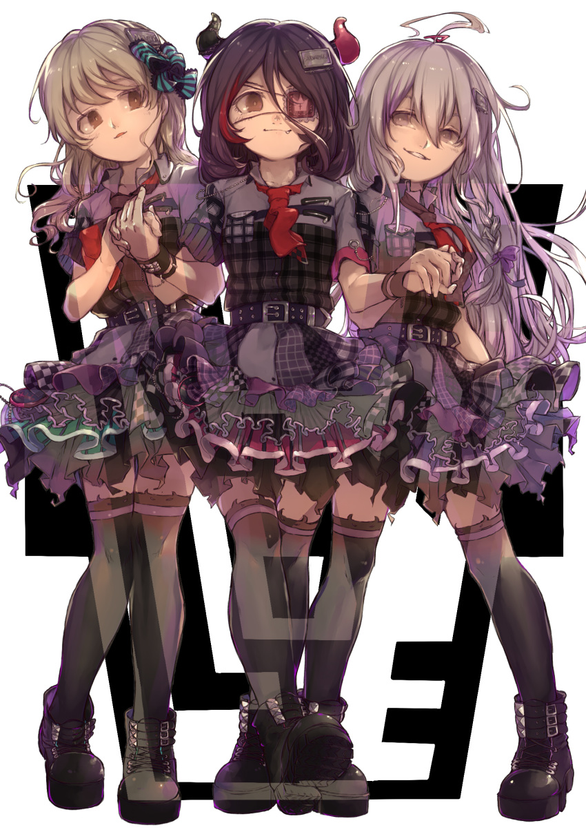 3girls ahoge bad_id bad_pixiv_id boots bow braid brown_eyes chains checkered commentary eyepatch fake_horns full_body grey_eyes grey_hair grin hair_between_eyes hair_ornament hairbow hairclip hayasaka_mirei highres holding_hands horn_band_legwear horn_ornament horns hoshi_syoko idol idolmaster idolmaster_cinderella_girls idolmaster_cinderella_girls_starlight_stage individuals_(idolmaster) light_brown_hair long_hair looking_at_viewer morikubo_nono multicolored_hair multiple_girls necktie oerba_yun_fang open_mouth purple_hair sanmon_(mekko0929) short_hair single_braid skirt smile thighhighs white_background yoyoyo_(dxayo)