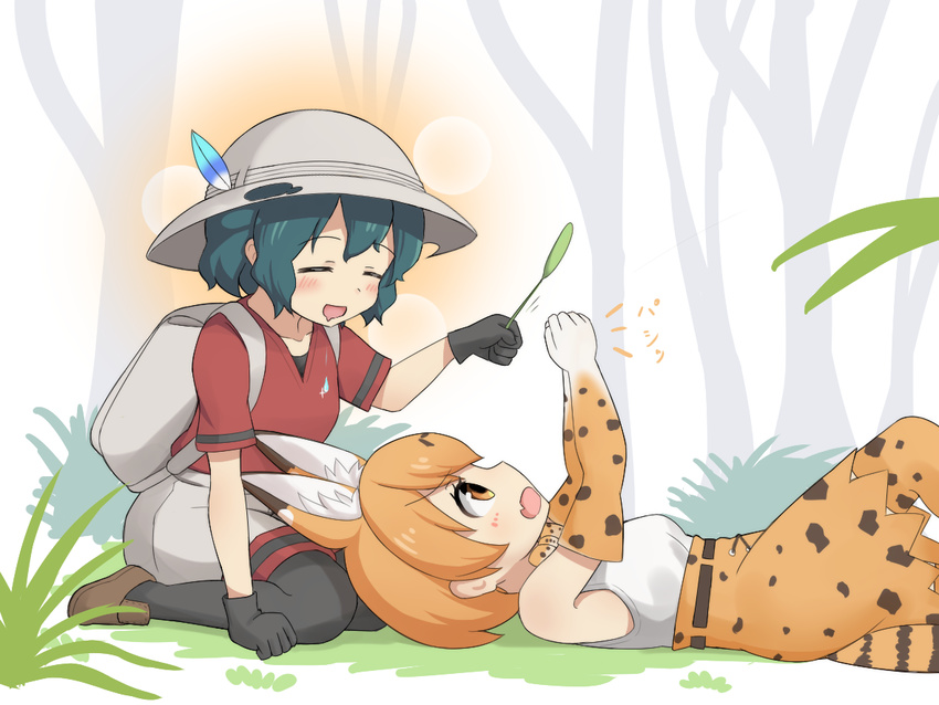 2girls =_= ^^^ animal_ears backpack bag black_gloves black_pantyhose blonde_hair blue_hair blush bow bowtie brown_eyes brown_footwear cat_teaser closed_eyes collarbone commentary_request drooling elbow_gloves gloves grass hair_between_eyes happy_state hat hat_feather hatafuta helmet high-waist_skirt holding kaban_(kemono_friends) kemono_friends lying motion_lines multiple_girls on_back open_mouth orange_bow orange_bowtie outstretched_arms own_hands_together pantyhose pith_helmet print_bow print_bowtie profile red_shirt serval_(kemono_friends) serval_print shirt shoes short_sleeves skirt sleeveless sleeveless_shirt sparkle striped_tail tail white_shirt