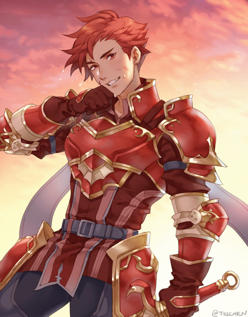 1boy armor bad_id bad_twitter_id blood blood_on_face breastplate cain_(fire_emblem:_shadow_dragon) fire_emblem fire_emblem:_mystery_of_the_emblem fire_emblem:_new_mystery_of_the_emblem fire_emblem:_shadow_dragon fire_emblem:_shadow_dragon_and_the_blade_of_light gloves highres holding holding_sword holding_weapon looking_at_viewer male_focus pauldrons red_armor red_eyes red_hair scarf shoulder_armor smile solo spiked_hair sword tecchen weapon