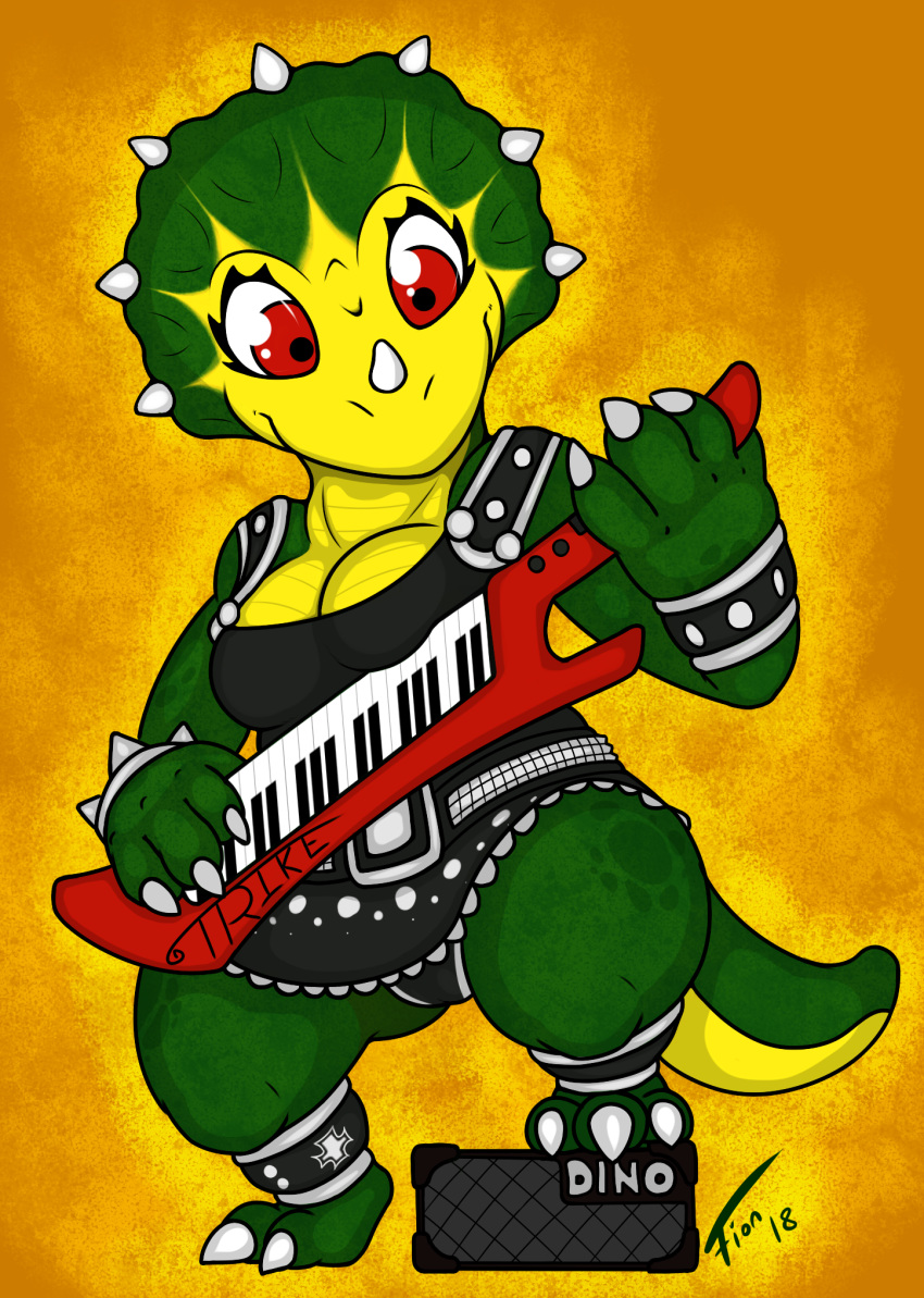 2018 anthro breasts claws clothed clothing digital_media_(artwork) dinosaur extinct female fionthebunny hevisaurus hi_res holding_musical_instrument holding_object horn keyboard_instrument keytar milli_pilli musical_instrument non-mammal_breasts playing_music prehistoric_species reptile scalie simple_background slightly_chubby smile solo thick_thighs