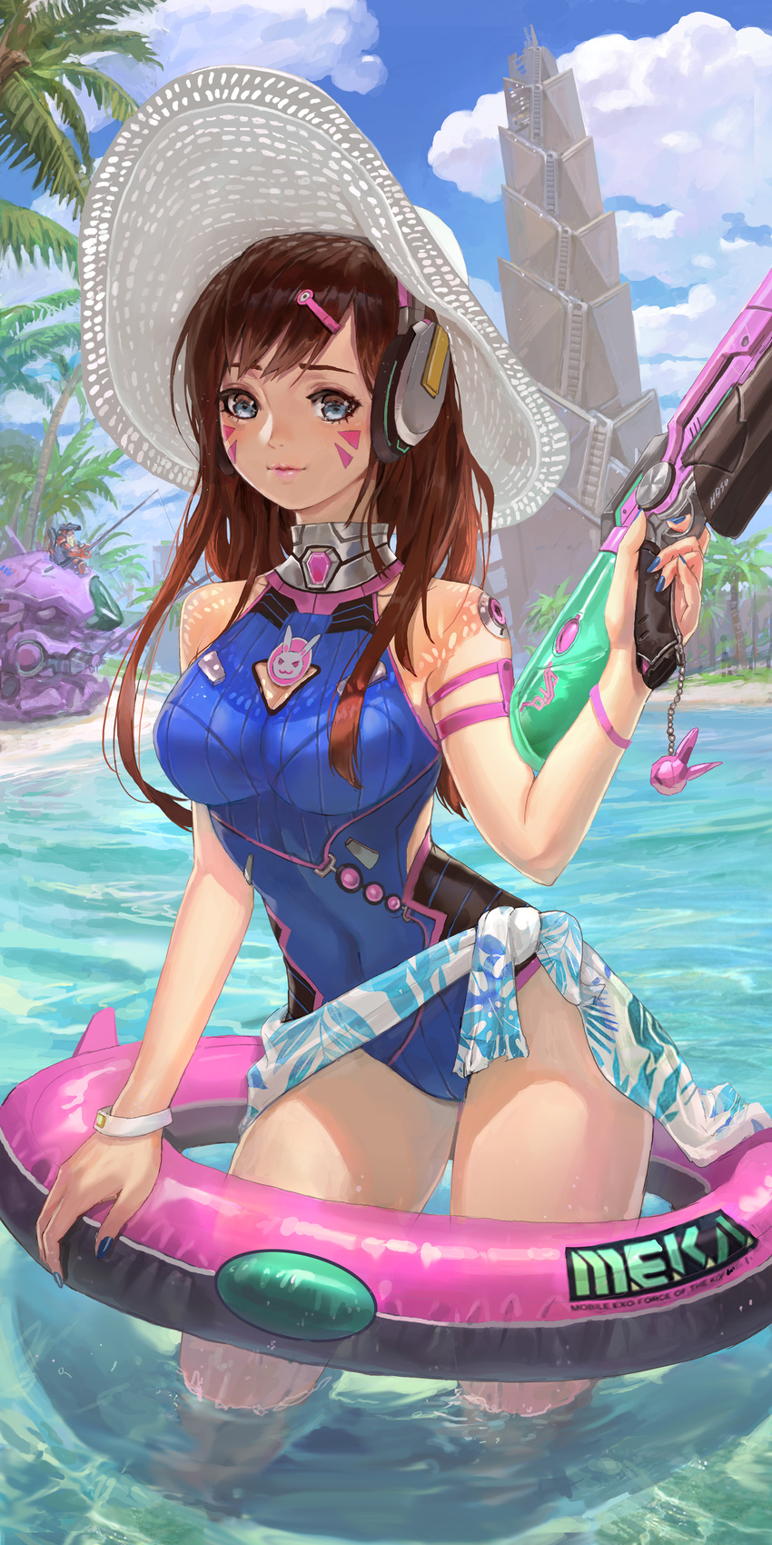 d.va gun headphones overwatch shaonav swimsuits torbjorn_(overwatch) wet