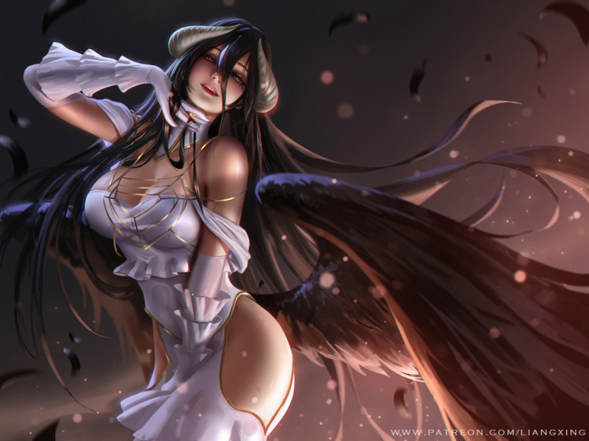 albedo black_hair breasts cleavage dress elbow_gloves gloves horns liang_xing long_hair overlord realistic watermark wings yellow_eyes