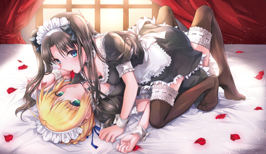 2girls all_fours alternate_costume apron aqua_eyes artoria_pendragon_(fate) bed bed_sheet black_dress black_ribbon black_thighhighs blonde_hair blue_eyes bow braid breasts brown_hair cleavage clenched_hand commentary_request curtains dress enmaided fate/stay_night fate_(series) hair_bun hair_ribbon hairbow long_hair looking_at_viewer lying maid maid_headdress medium_breasts mintes multiple_girls on_back parted_lips petals puffy_short_sleeves puffy_sleeves ribbon saber_(fate) short_sleeves single_braid single_hair_bun thighhighs tohsaka_rin twintails waist_apron wavy_hair window yuri