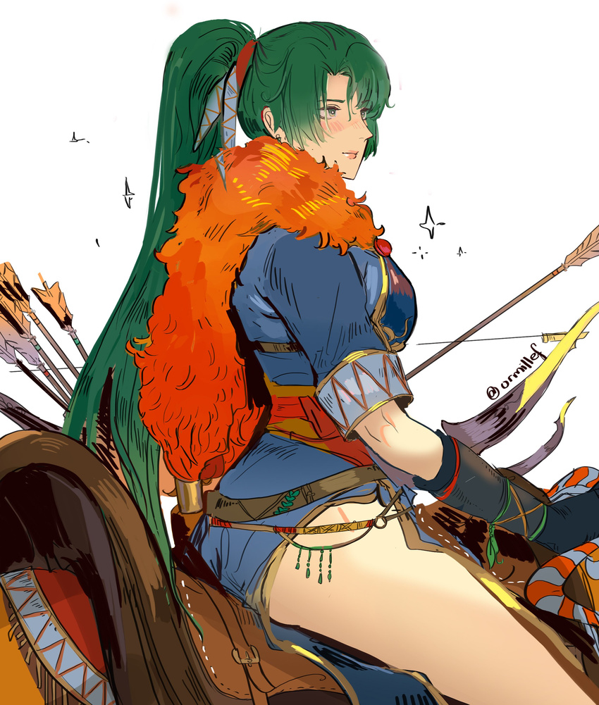 absurdres arrow_(projectile) bow_(weapon) commentary english_commentary female fire_emblem fire_emblem:_the_blazing_blade fire_emblem_heroes fur_trim gloves green_hair highres holding holding_weapon long_hair lyn_(brave_lady)_(fire_emblem) lyn_(fire_emblem) ormille ponytail riding solo thighs weapon