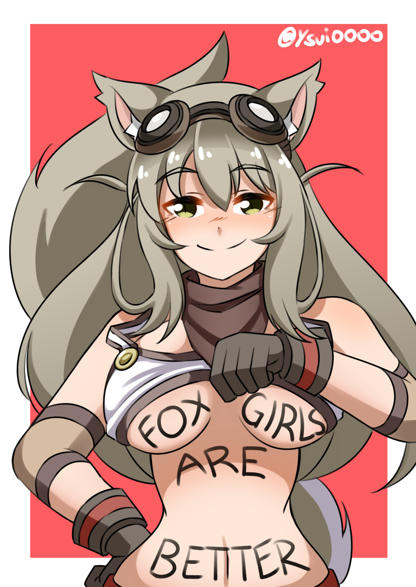 absurdres animal_ears blush body_writing breasts cleavage commentary english_commentary english_text female fox_ears fox_tail gloves goggles green_eyes hair_flaps halterneck highres large_breasts lily_the_mechanic long_hair looking_at_viewer lost_pause navel smile solo tail twitter_username underboob ysui0000