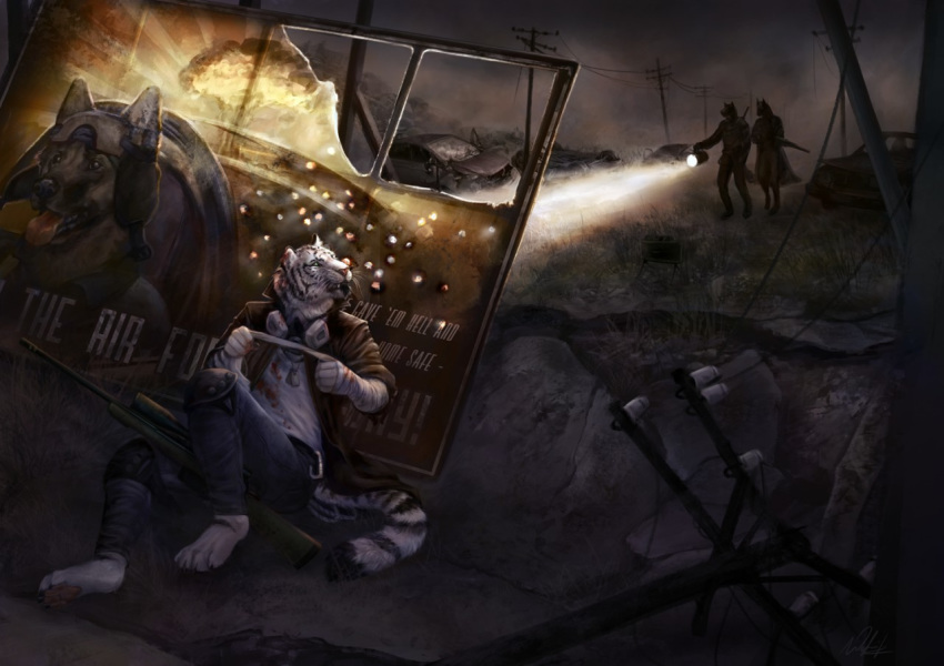 2018 ambush anthro bandage barefoot blood bodily_fluids canid canine canis clothed clothing detailed_background digital_media_(artwork) dog_tags domestic_dog edron_(mr-yiffy) explosives feet felid gun hiding male mammal night outside pantherine propaganda ranged_weapon rifle sign sitting tiger weapon whiskers wolnir