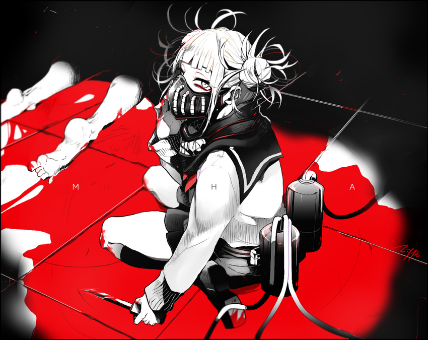 artist_name barefoot blood blunt_bangs boku_no_hero_academia commentary_request double_bun feet female floor full_body hair_bun knife long_sleeves looking_at_viewer lying mask monochrome noppo scarf school_uniform seiza serafuku sitting skirt soles solo toga_himiko