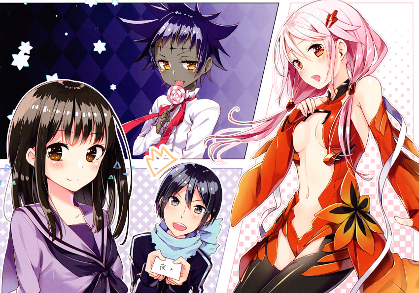 1boy 3girls :d argyle_background black_eyes black_hair black_neckwear blue_scarf blush breasts brown_eyes candy card cleavage collarbone d.gray-man dark_skin detached_sleeves dress_shirt food guilty_crown hair_between_eyes hair_ornament hair_over_shoulder hairclip highres holding holding_card iki_hiyori leotard lollipop long_hair looking_at_viewer medium_breasts midriff multiple_girls navel noragami open_mouth pink_hair purple_hair purple_sailor_collar purple_shirt red_eyes red_leotard red_sleeves revealing_clothes road_kamelot sailor_collar sakuragi_ren scarf school_uniform serafuku shirt short_hair smile spiked_hair stomach tongue tongue_out twintails white_shirt wide_sleeves yato_(noragami) yellow_eyes yuzuriha_inori