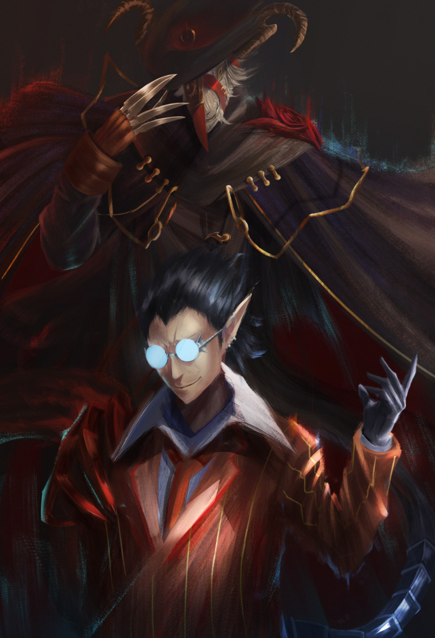 2boys animal_head black_gloves black_hair cape claws commentary_request demiurge demon formal glasses gloves goat goat_horns hat highres horns long_sleeves multiple_boys muzzle necktie overlord_(maruyama) pointy_ears rausu_(undeadmachine) robe round_eyewear smile suit tail top_hat ulbert_alain_odle