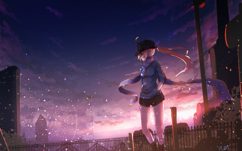 ahoge artoria_pendragon_(fate) black_hat black_shorts blonde_hair blue_scarf blue_sweater commentary fate/grand_order fate_(series) female floating_hair hand_in_pocket hat highres long_hair mysterious_heroine_x_(fate) ponytail scarf short_shorts shorts sidelocks solo standing sweater syaha symbol-only_commentary very_long_hair