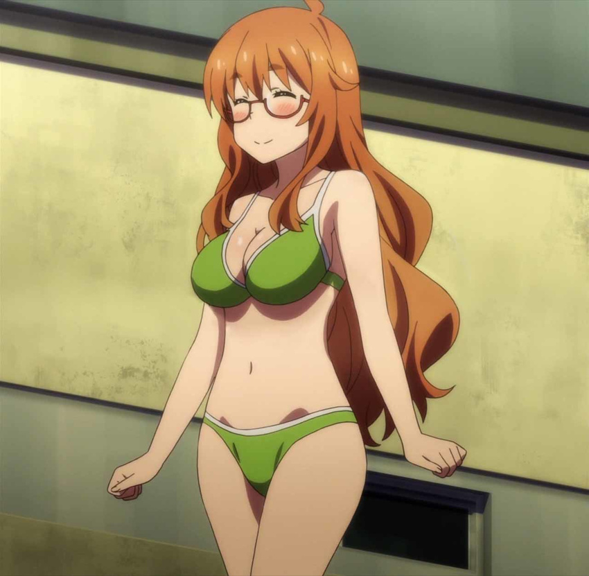 anime_screenshot bikini blush breasts brown_hair cleavage closed_eyes cowboy_shot female glasses green_bikini highres kono_bijutsubu_niwa_mondai_ga_aru! large_breasts long_hair navel semi-rimless_eyewear smile solo swimsuit tachibana_yumeko under-rim_eyewear