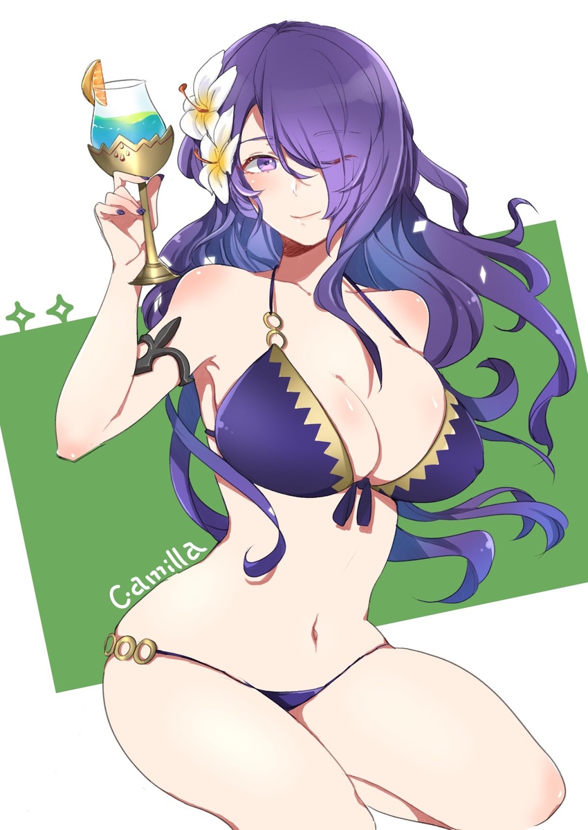 bikini breasts camilla_(fire_emblem) camilla_(summer)_(fire_emblem) character_name cleavage closed_mouth commentary_request cup drinking_glass female fire_emblem fire_emblem_fates fire_emblem_heroes flower hair_flower hair_ornament hair_over_one_eye highres large_breasts lips long_hair nail_polish navel nekolook purple_bikini purple_eyes purple_hair solo swimsuit thighs wavy_hair