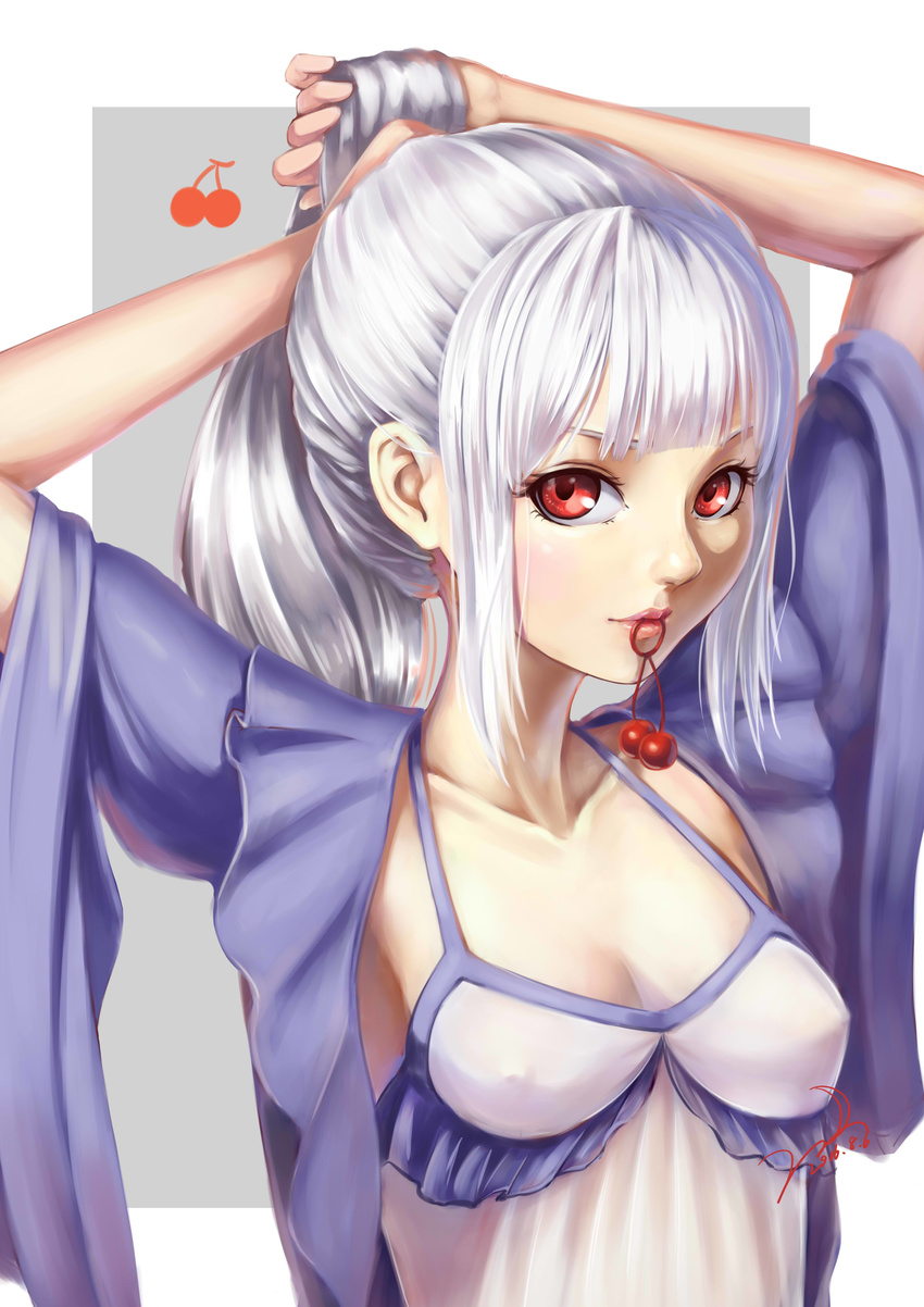 absurdres adjusting_hair commentary_request female highres long_hair mouth_hold original red_eyes silver_hair solo tsuki_(s1ber) tying_hair