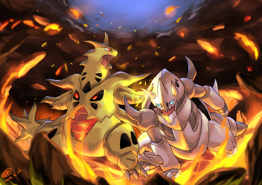 absurdres aggron battle blue_eyes chikidney claws commentary_request dated fangs fire glowing glowing_eyes highres horns looking_at_another mega_aggron mega_pokemon mega_tyranitar no_humans open_mouth pokemon pokemon_(creature) red_eyes signature smoke spikes tail tyranitar