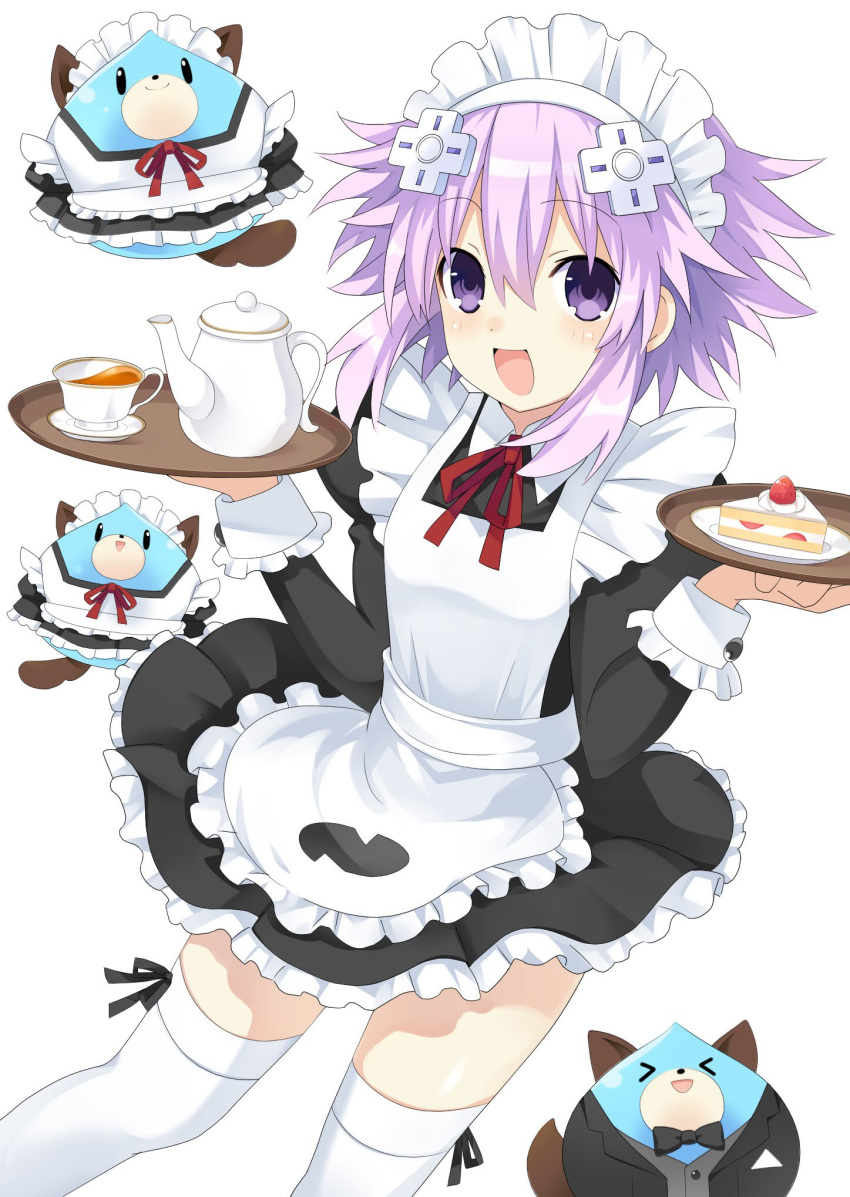 :d alternate_costume apron black_dress blush cake cup d-pad d-pad_hair_ornament dogoo dress enmaided female food frilled_dress frills hair_between_eyes hair_ornament highres holding holding_tray looking_at_viewer maid maid_apron maid_headdress neptune_(neptunia) neptune_(series) open_mouth purple_eyes purple_hair short_hair_with_long_locks simple_background smile solo tea teacup teapot thighhighs tray waiter white_apron white_background white_thighhighs zero_(ray_0805)