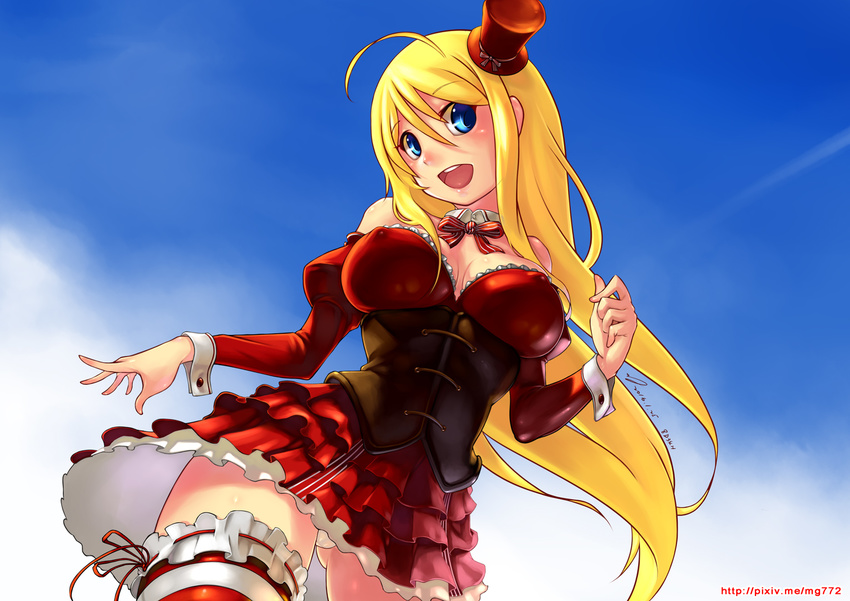 ahoge ass_visible_through_thighs bare_shoulders blonde_hair blue_eyes breasts chinese_commentary chocolat_(noucome) cleavage commentary_request corset covered_nipples detached_collar detached_sleeves dress female frilled_dress frilled_thighhighs frills hair_between_eyes hat large_breasts long_hair looking_at_viewer michitoku mini_hat mini_top_hat open_mouth ore_no_nounai_sentakushi_ga_gakuen_love-comedy_wo_zenryoku_de_jama_shiteiru panties pantyshot photoshop_(medium) red_dress ribbon-trimmed_legwear ribbon_trim sky solo strapless strapless_dress striped_clothes striped_thighhighs thighhighs top_hat underwear watermark web_address wrist_cuffs