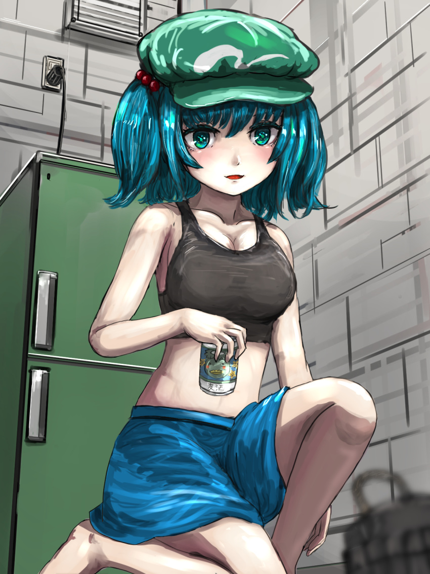 alternate_costume armpit_crease bad_id bad_pixiv_id bare_arms bare_shoulders basket black_sports_bra blue_eyes blue_hair blue_skirt blurry blush breasts brick_wall can cinder_block cleavage collarbone colored_eyelashes commentary_request depth_of_field electric_plug electrical_outlet expressionless female flat_cap green_hat hair_bobbles hair_ornament hat highres holding holding_can indoors kappa kawashiro_nitori legs light_smile looking_at_viewer mame_(mame3737) medium_breasts midriff miniskirt on_one_knee parted_lips refrigerator short_hair sideboob skirt sleeveless solo sports_bra thighs touhou two_side_up underwear