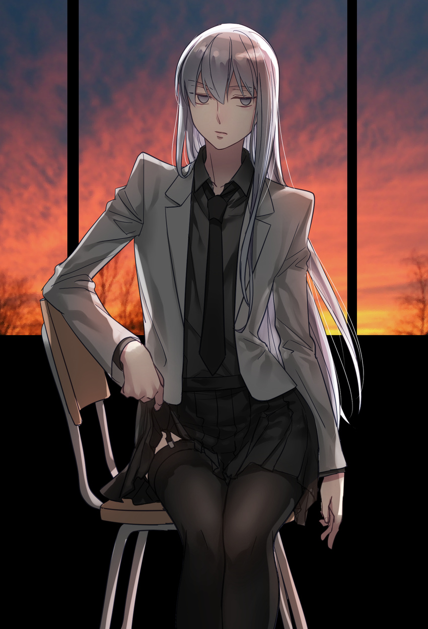 aken black_thighhighs chair classroom clothes_lift commentary feet_out_of_frame female garter_straps genderswap_(mtf) grey_eyes highres kuroko_no_basuke long_hair mayuzumi_chihiro necktie rule_63 school_uniform silver_hair sitting sitting_backwards skirt skirt_lift solo sunset thighhighs