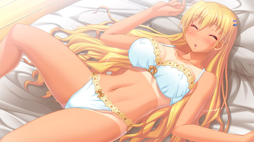 bed blonde_hair blush bra closed_eyes female game_cg gokkun_athlete!_kyonyuu_medalist_no_oshaburi_kyouka_gasshuku hair_ornament hairclip long_hair lying navel open_mouth panties pillow rena_route sleeping solo tan tanline thighhighs underwear white_bra white_panties