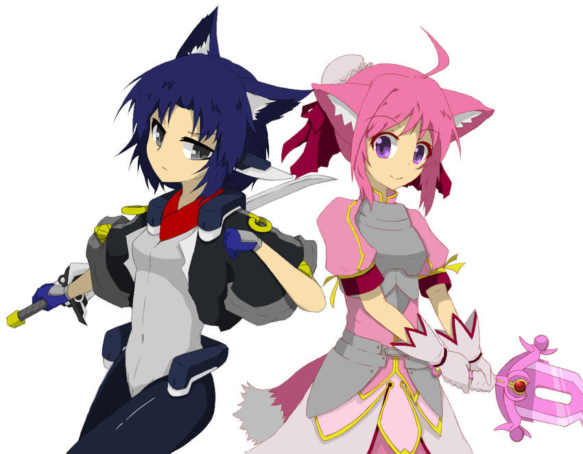 2girls animal_ears animale_ears armor blue_hair bodysuit character_request dog_days frown kyoukai_senjou_no_horizon kyoukaisenjou_no_horizon millhiore_f_biscotti multiple_girls pink_hair pointy_ears purple_eyes satomi_yoshiyasu smile sword weapon