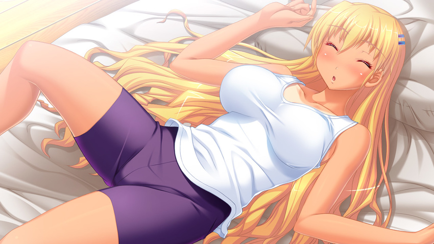 bed blonde_hair blush breasts closed_eyes female game_cg gokkun_athlete!_kyonyuu_medalist_no_oshaburi_kyouka_gasshuku hair_ornament hairclip large_breasts long_hair lying open_mouth pillow rena_route sleeping solo tan tanline thighhighs