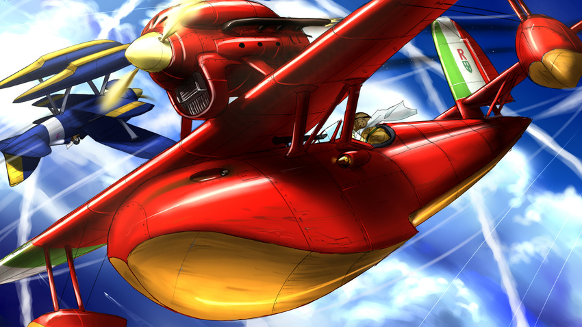 2boys aerial_battle aircraft airplane battle commentary_request curtiss_r3c-0 donald_curtis flying flying_boat highres inyucchi kurenai_no_buta multiple_boys porco_rosso_(character) propeller savoia_s.21 seaplane sky vehicle_focus