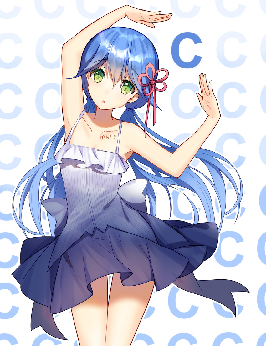 :o absurdres bison_cangshu blue_hair body_writing camisole chinese_commentary commentary_request cowboy_shot female flower_knot green_eyes hair_ribbon highres letter_pose long_hair looking_at_viewer low_twintails original ribbon single_letter skirt solo spaghetti_strap text_background thigh_gap twintails very_long_hair