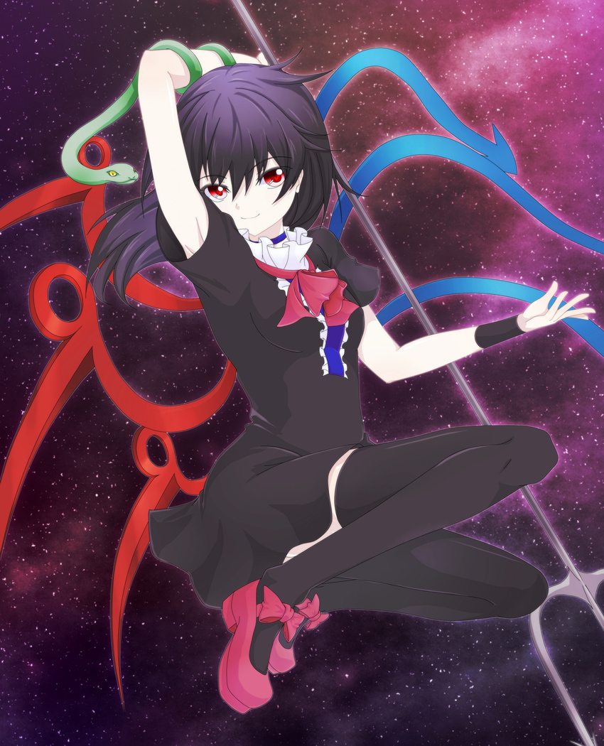 arm_up asymmetrical_wings black_hair black_thighhighs bow breasts cofi_(eternal) commentary_request dress female highres holding holding_weapon houjuu_nue leaning_back looking_at_viewer polearm red_bow red_eyes red_footwear shoes short_hair sky small_breasts smile snake solo space star_(sky) starry_sky thighhighs touhou trident weapon wings zettai_ryouiki