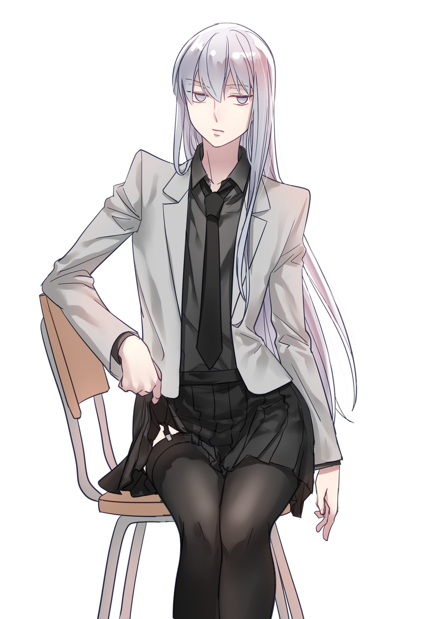 aken black_thighhighs chair classroom clothes_lift commentary_request feet_out_of_frame female garter_straps genderswap_(mtf) grey_eyes highres kuroko_no_basuke long_hair mayuzumi_chihiro necktie rule_63 school_uniform silver_hair simple_background sitting sitting_backwards skirt skirt_lift solo thighhighs white_background