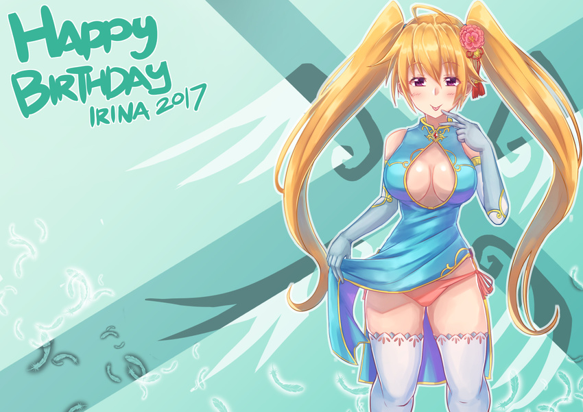 2017 ahoge aqua_dress arkfield bare_shoulders blonde_hair blue_dress blue_gloves blush breasts breasts_apart character_name china_dress chinese_clothes cleavage_cutout clothes_lift clothing_cutout commentary dress dress_lift elbow_gloves english_commentary feet_out_of_frame female flower flower_knot gloves gold_trim green_background hair_flower hair_ornament hand_up happy_birthday high_school_dxd lace lace-trimmed_legwear lace_trim large_breasts lifting_own_clothes long_hair looking_at_viewer mixed-language_commentary no_bra panties pink_panties purple_eyes shidou_irina side-tie_panties sleeveless sleeveless_dress solo standing tassel thighhighs tongue tongue_out twintails underwear very_long_hair white_thighhighs